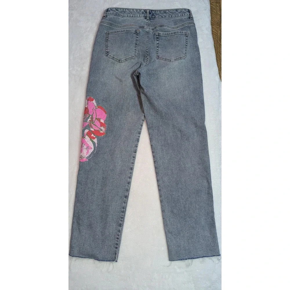 LOGO Lori Goldstein Boyfriend Jeans Floral Light‎ Wash Raw Hem Womens 6 RN89828